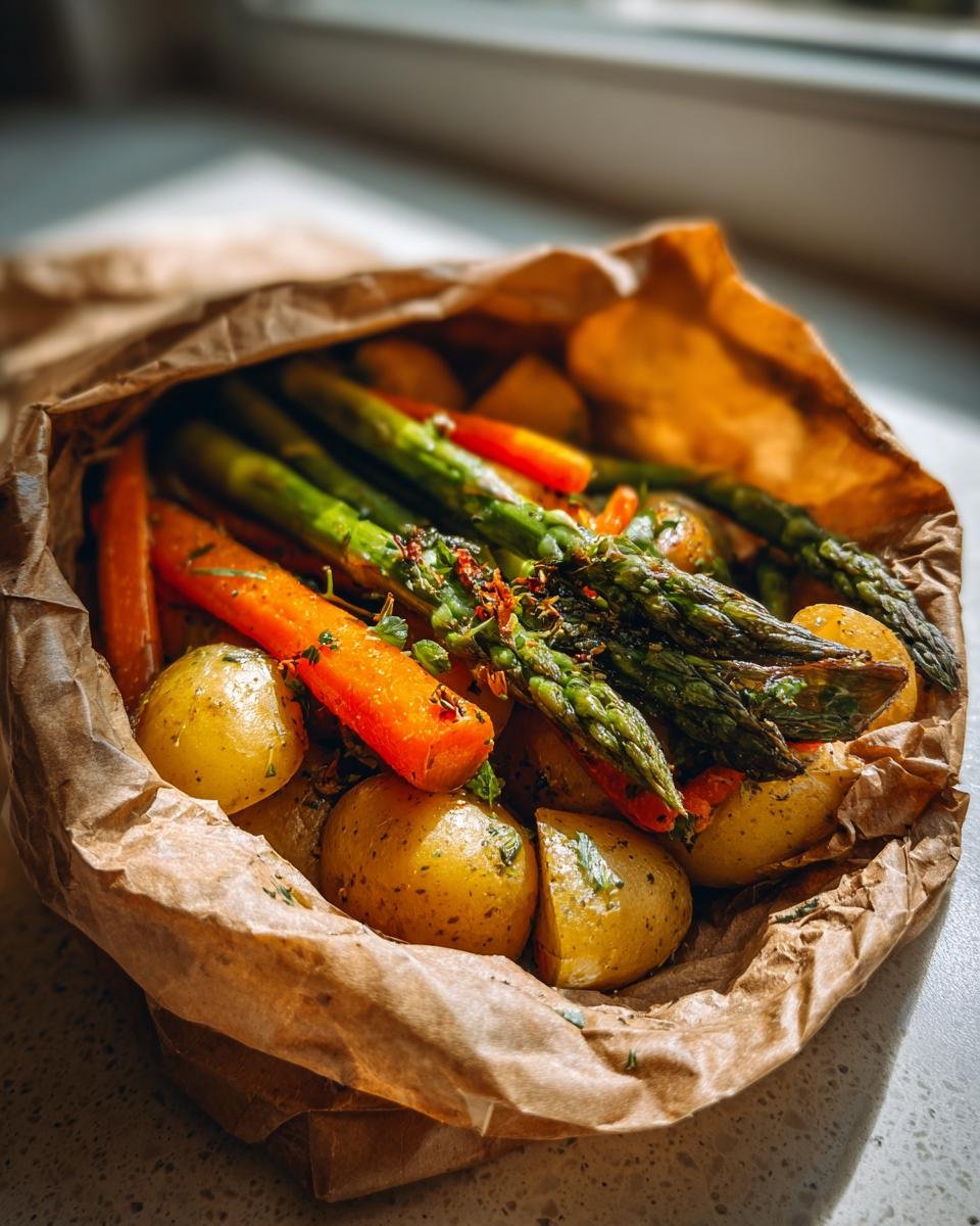 Close-up of roasted Spring Vegetables And Potatoes In Parchment, featuring asparagus, carrots, and small potatoes.
