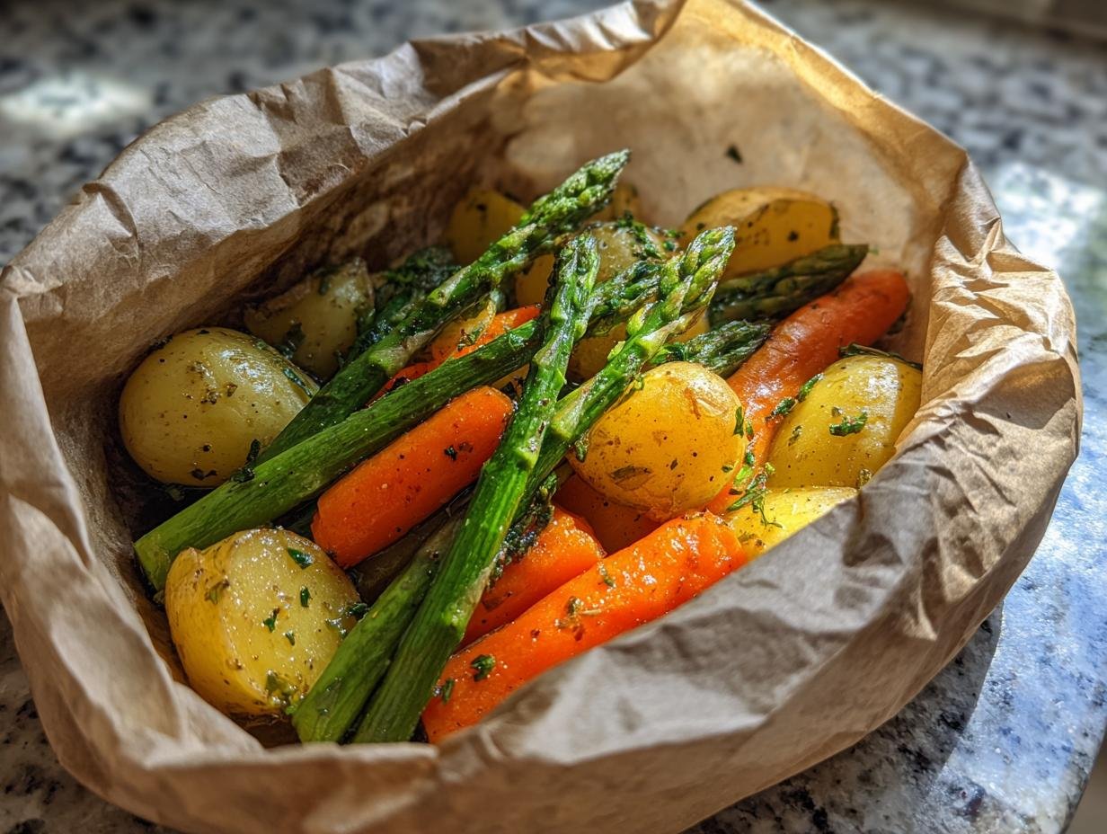 Brightly colored Spring Vegetables And Potatoes In Parchment, featuring asparagus, carrots, and new potatoes.