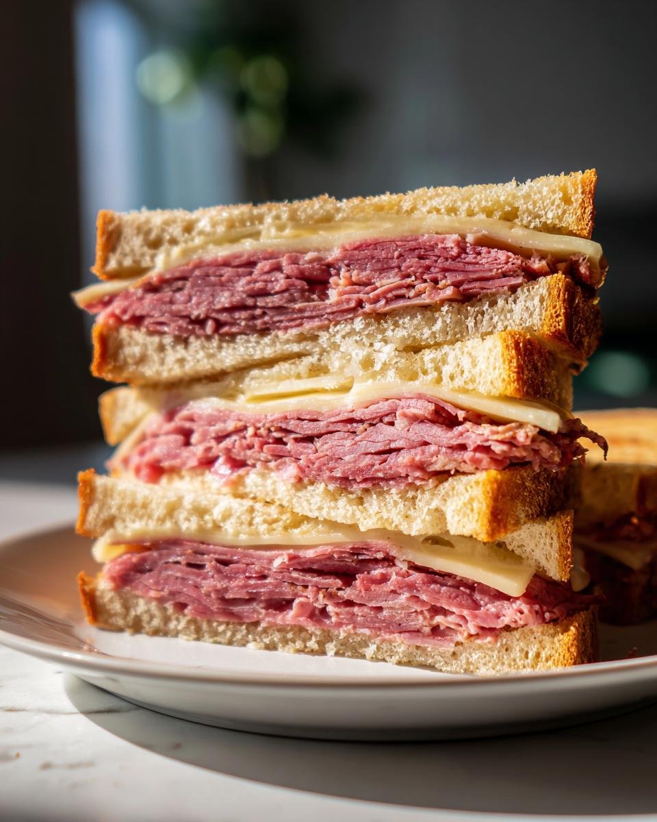A tall stack of two halves of Irresistible Roast Beef And Cheese Sandwiches on a white plate.