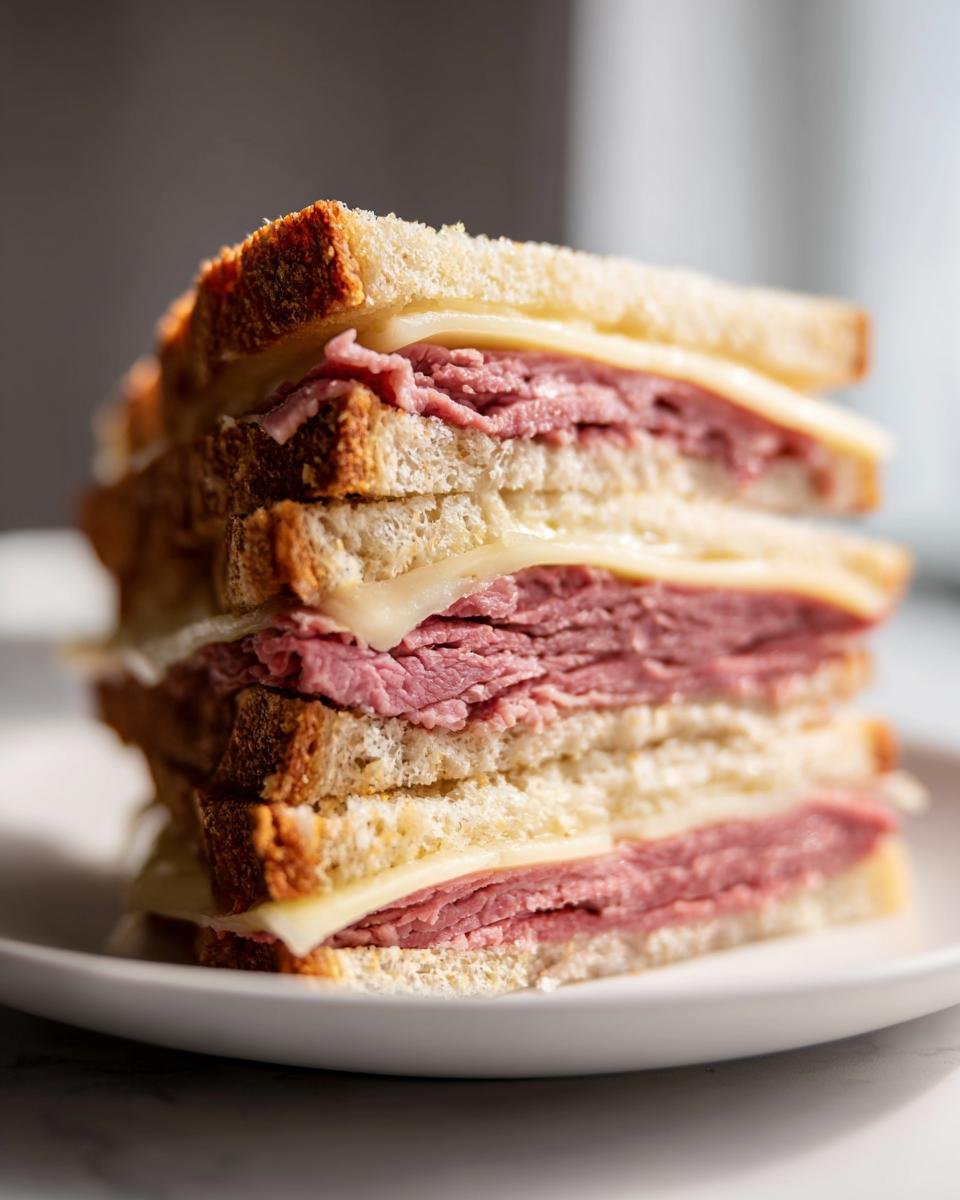 Close-up of a tall, stacked sandwich featuring layers of roast beef and melted cheese between toasted bread for an Irresistible Roast Beef And Cheese Sandwiches Recipe.