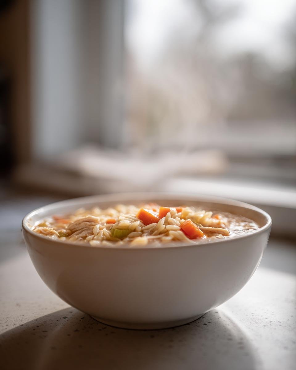 A close-up of a white bowl filled with hot Chicken Orzo Soup, showing carrots and steam rising.