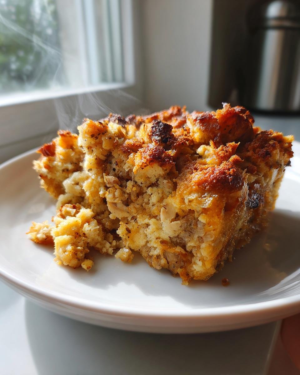 A hot, steaming square slice of Chicken Stuffing Casserole with a golden-brown, crispy top, served on a white plate.
