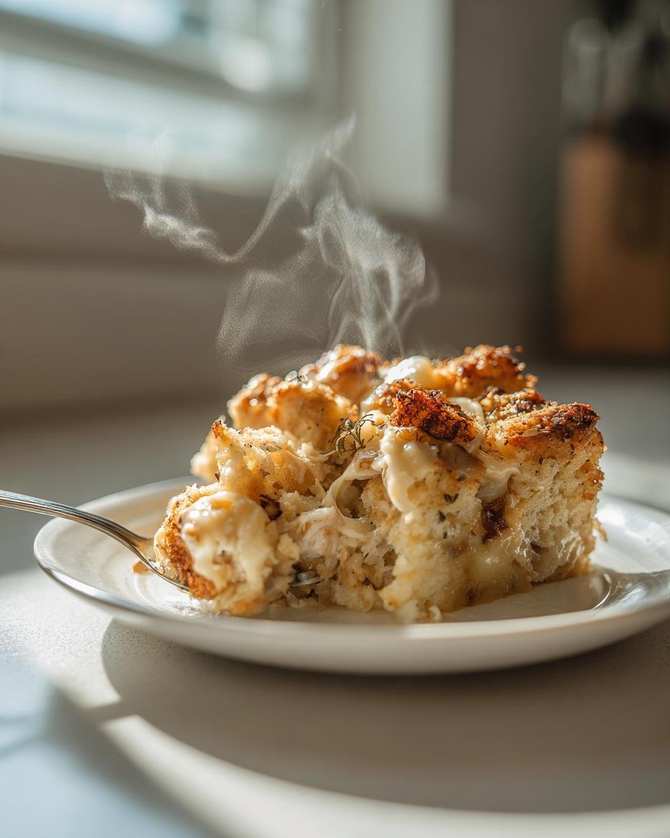 A hot, steaming serving of Chicken Stuffing Casserole being lifted with a fork from a white plate.