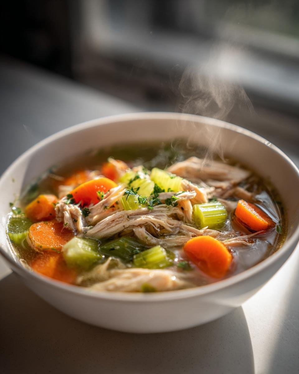 A close-up of a steaming white bowl filled with hearty Chicken Vegetable Soup, featuring shredded chicken, bright orange carrots, and celery.