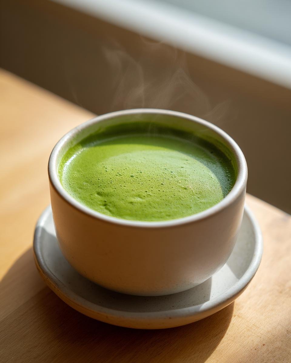 A steaming cup of vibrant green liquid, resembling a thick soup or matcha, sitting on a saucer.