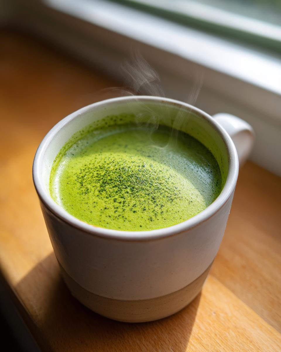 Close-up of a steaming mug filled with a vibrant green liquid, perhaps representing Delicious Cream Of Broccoli Soup.