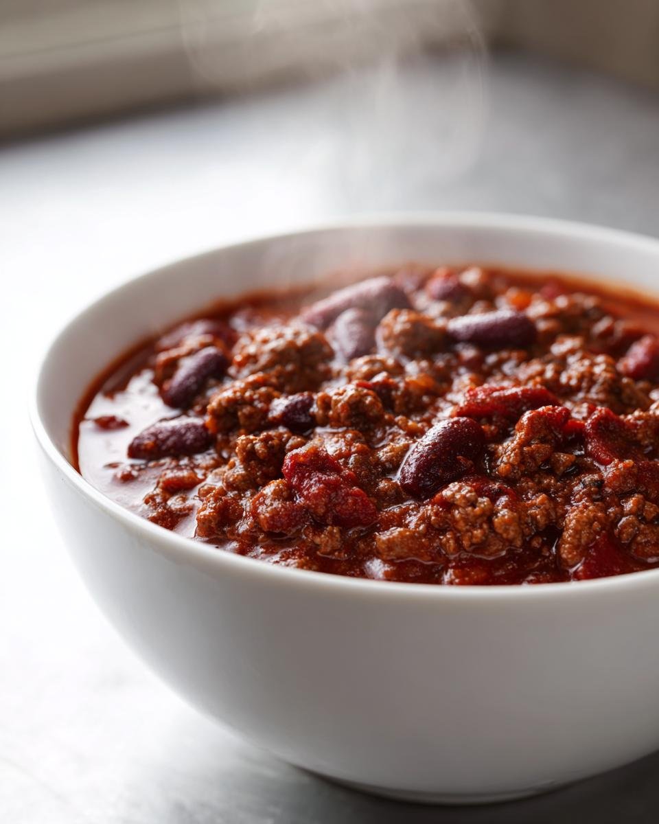 Close-up of a steaming white bowl filled with rich, hearty Irresistible Easy Slow Cooker Chili featuring ground beef and kidney beans.