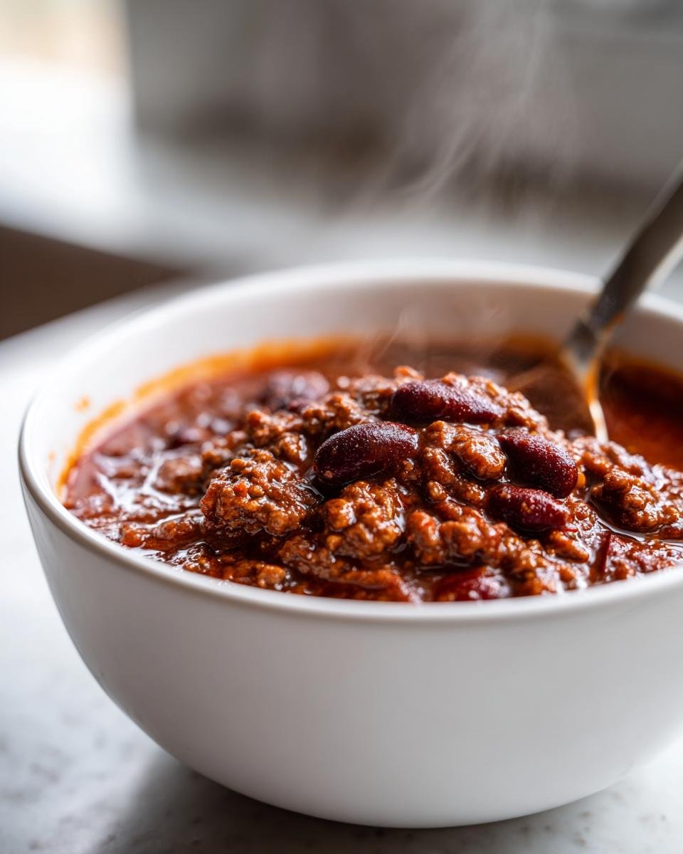 Close-up of a steaming white bowl filled with rich, hearty Irresistible Easy Slow Cooker Chili featuring ground meat and kidney beans.
