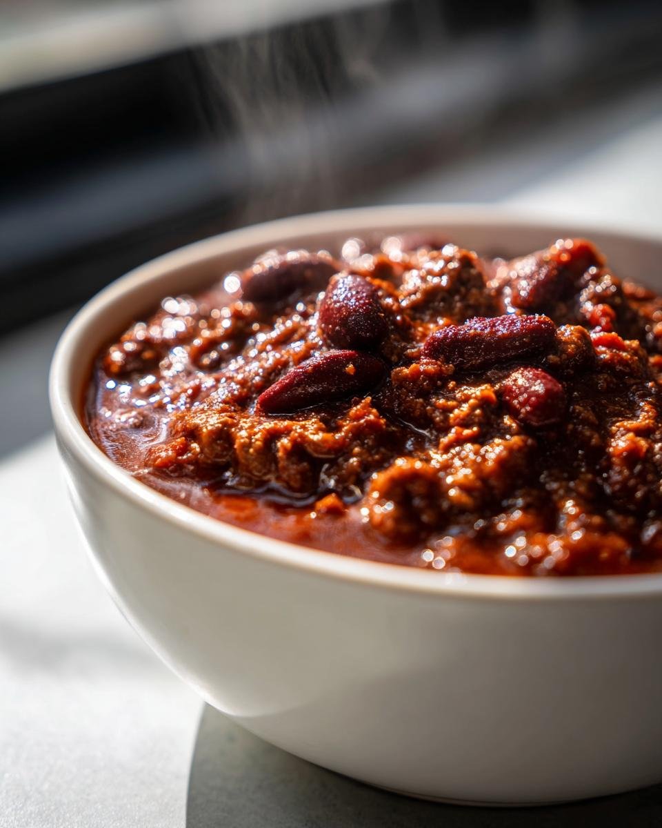Close-up of a steaming white bowl filled with thick, rich Irresistible Easy Slow Cooker Chili featuring kidney beans.