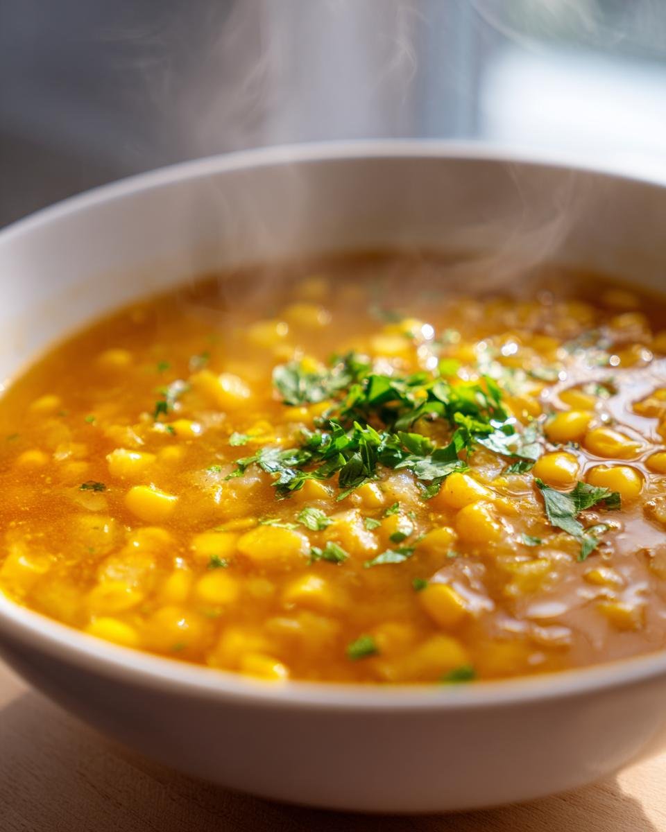 Close-up of a steaming white bowl filled with rich, yellow Spicy Jamaican Corn Soup, garnished with fresh green herbs.