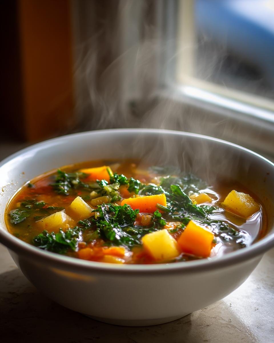 Close-up of a steaming white bowl filled with vibrant Winter Vegetable Soup featuring chunks of potato and bright orange carrots.