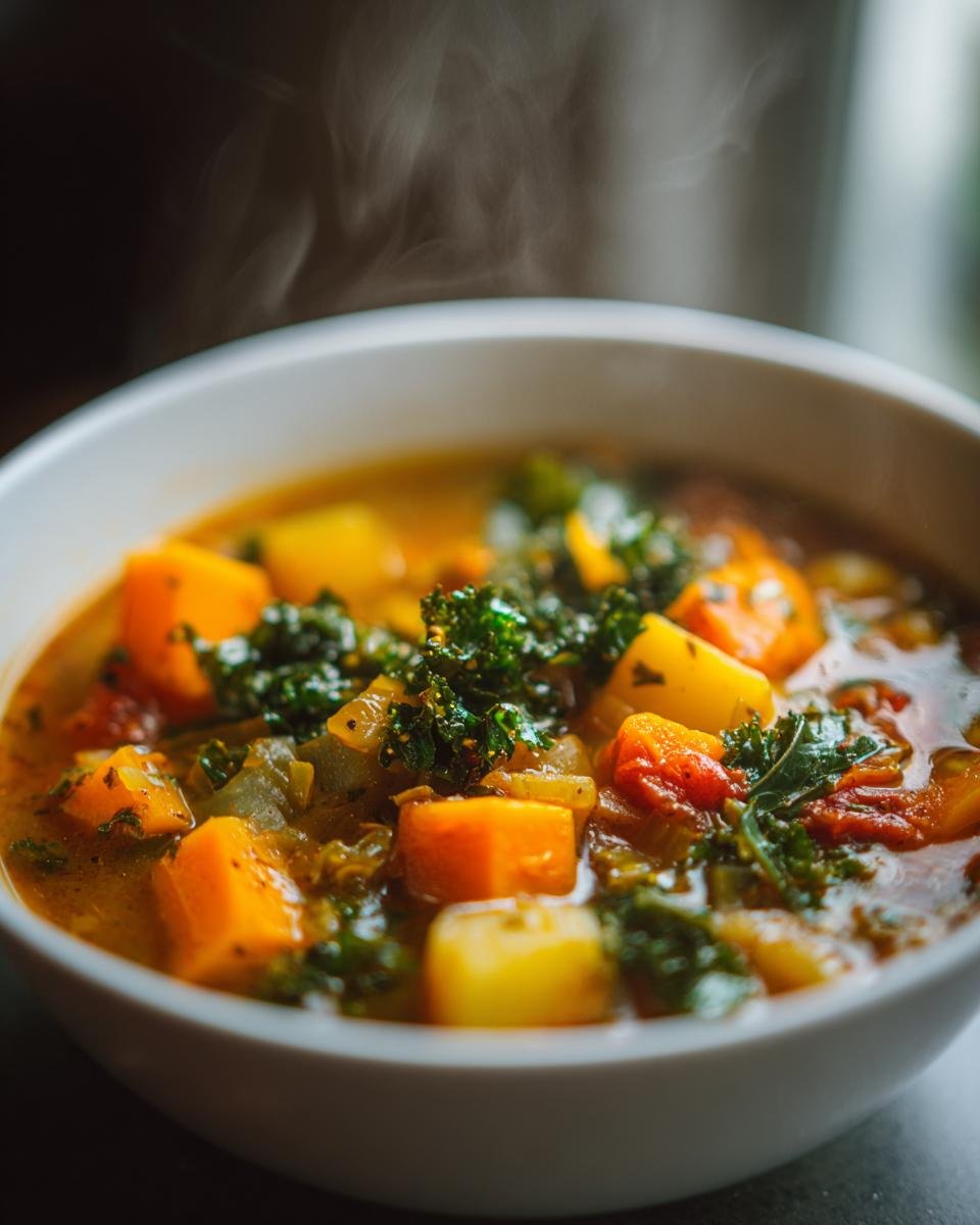 Close-up of a steaming white bowl filled with hearty Winter Vegetable Soup featuring chunks of orange squash and yellow potatoes, topped with dark green kale.