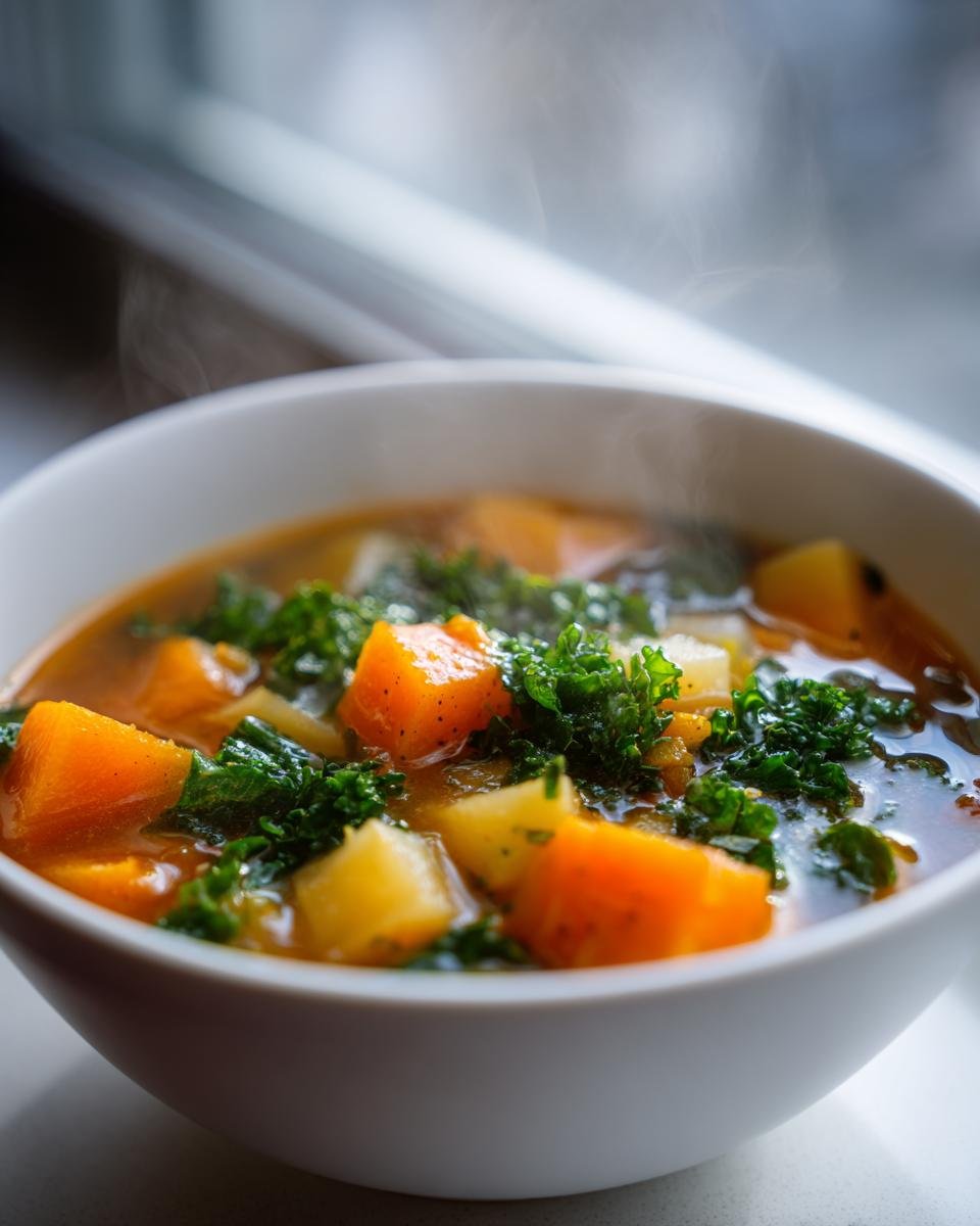 Close-up of a steaming white bowl filled with hearty Winter Vegetable Soup featuring chunks of orange squash and green kale.