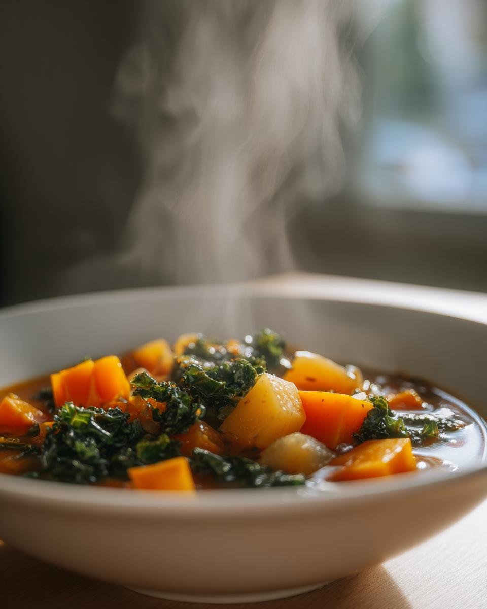 Close-up of a steaming bowl of Winter Vegetable Soup featuring chunks of orange squash and dark green kale.