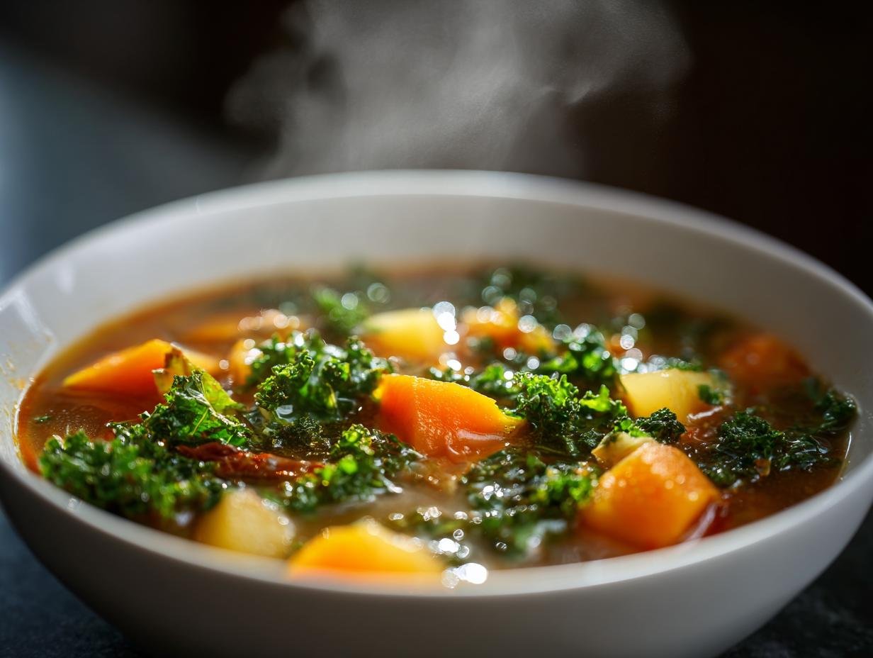 Close-up of a steaming white bowl filled with hearty Winter Vegetable Soup featuring chunks of orange root vegetables and dark green kale.