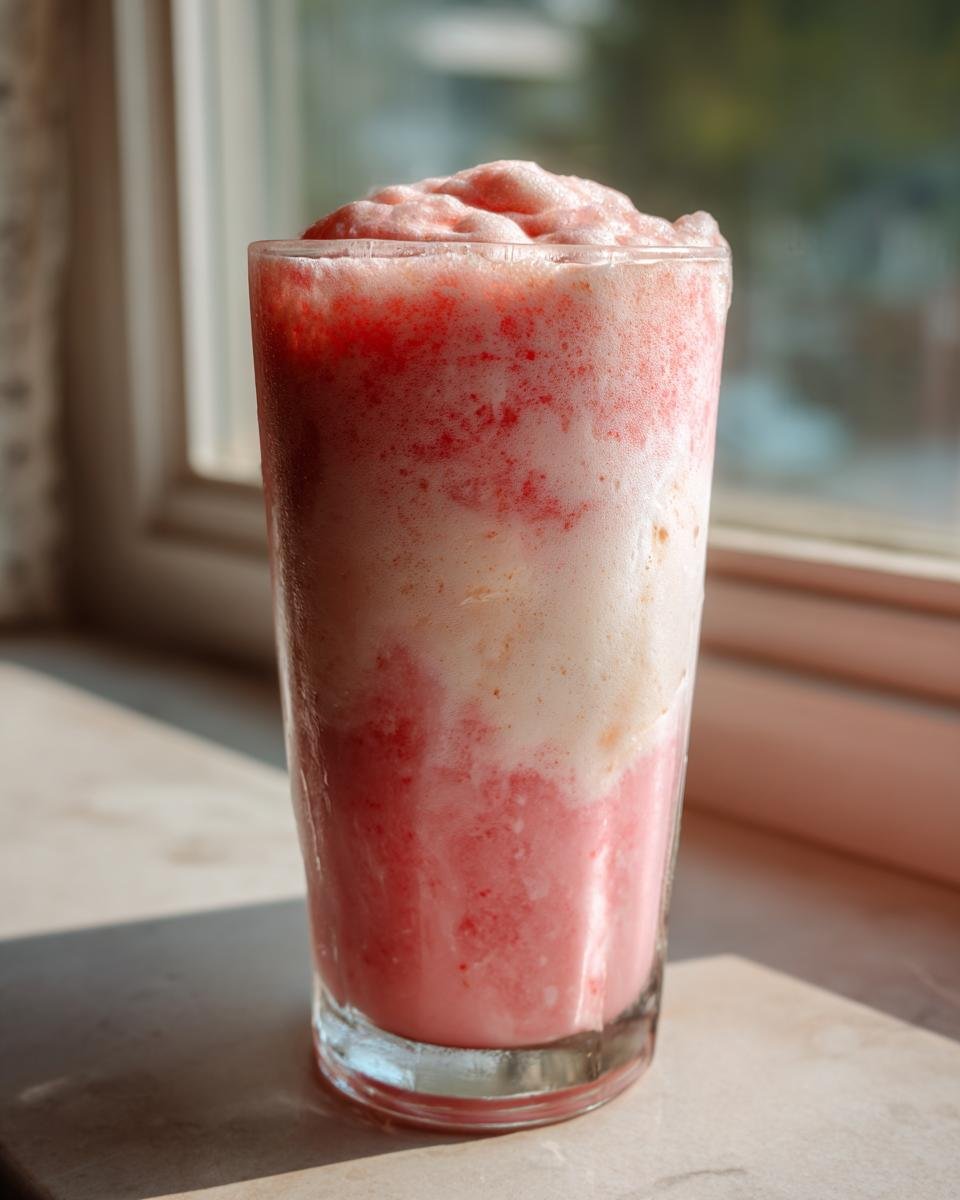 A tall glass filled with a layered, frothy Strawberry Cheesecake Protein Shake, sitting near a window.