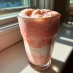 Close-up of a thick, layered Strawberry Cheesecake Protein Shake with pink and white swirls in a tall glass.