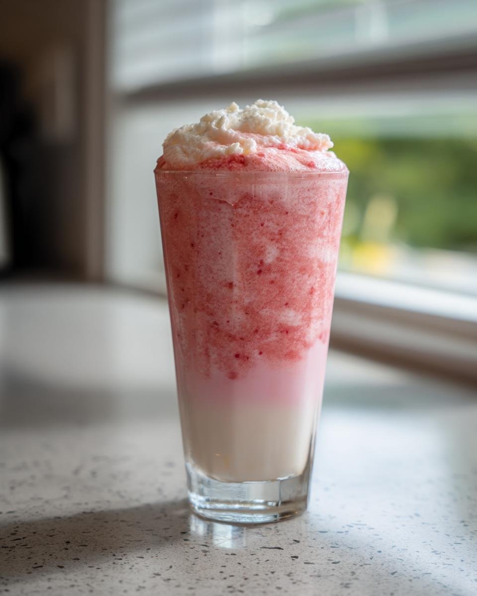 A tall glass of layered Strawberry Cheesecake Protein Shake topped with whipped cream, sitting on a speckled counter.