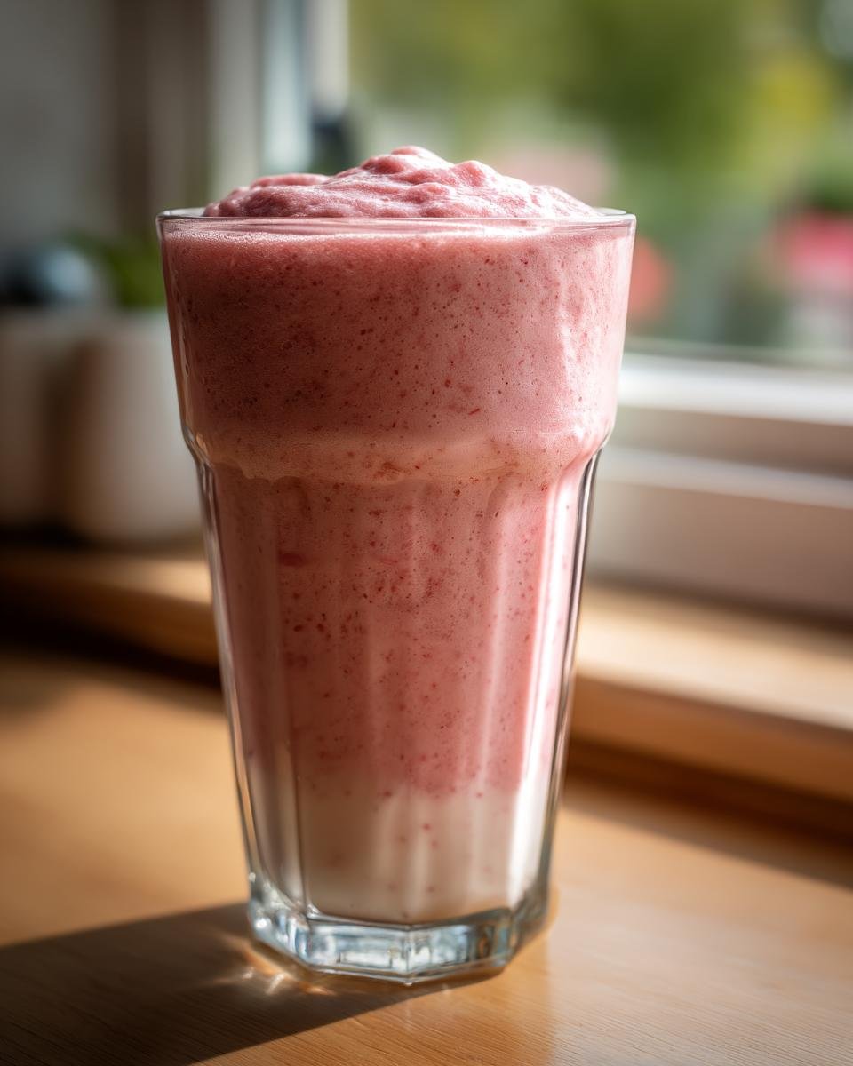 A tall glass filled with a thick, layered Strawberry Cheesecake Protein Shake, sitting on a sunny wooden surface.