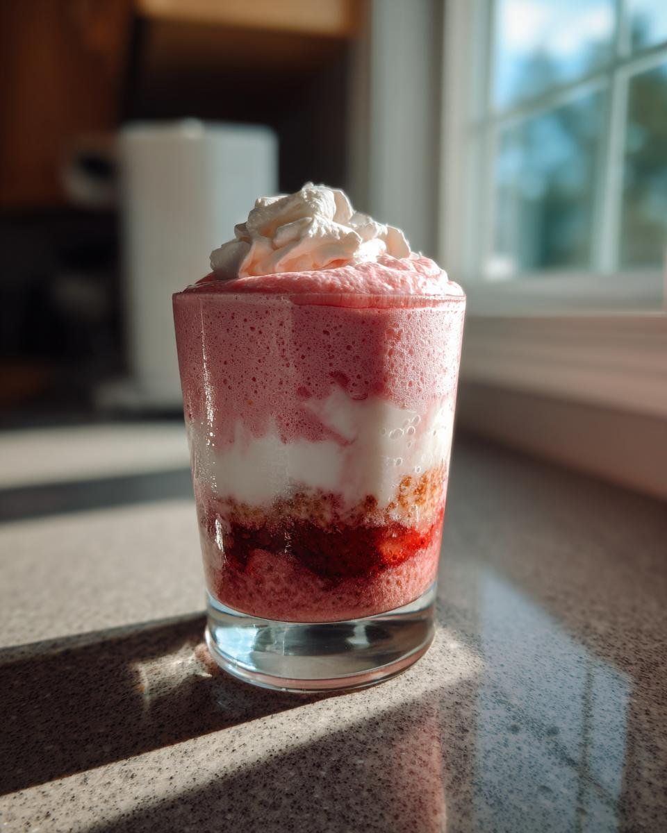 A layered Strawberry Cheesecake Protein Shake topped with whipped cream, sitting on a counter near a sunny window.