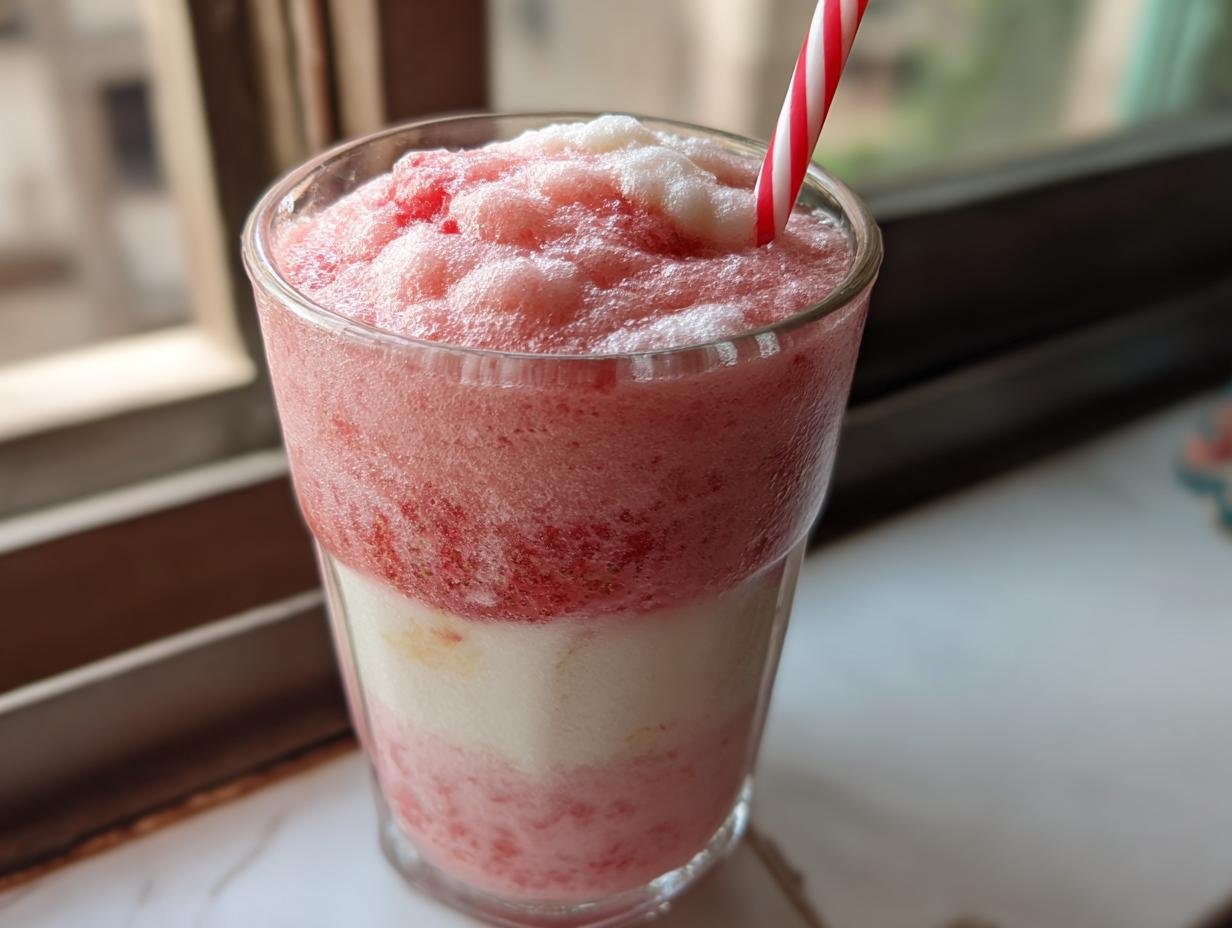 Close-up of a layered Strawberry Cheesecake Protein Shake with pink and white sections and a red and white striped straw.