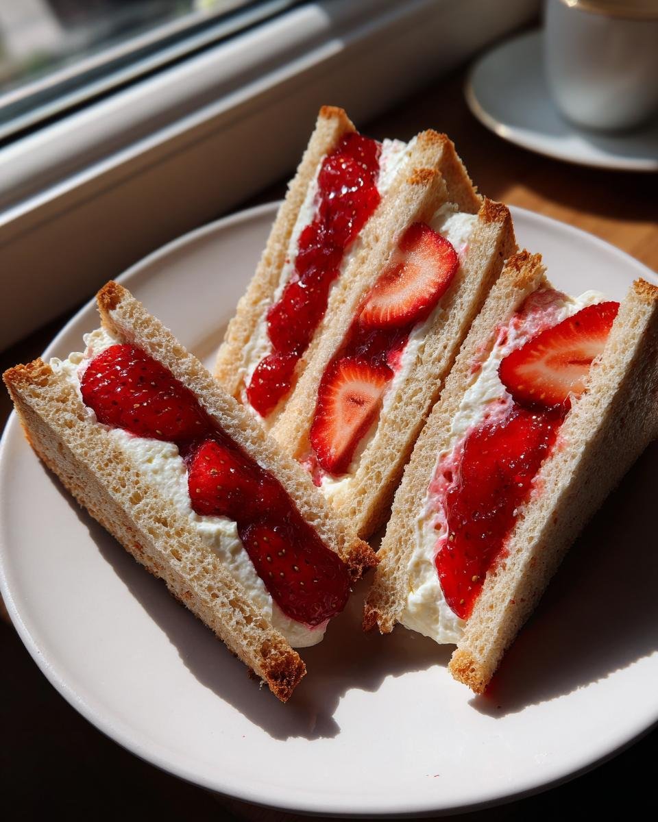 Three triangular Strawberry Jam Cheese Wedges Tea Sandwiches filled with cream, jam, and fresh strawberry slices, served on a white plate.