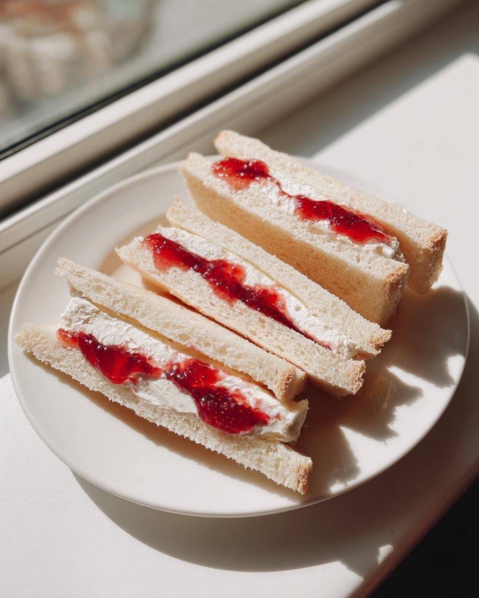 Three halves of soft white bread tea sandwiches filled with cream cheese and strawberry jam, known as Strawberry Jam Cheese Wedges Tea Sandwiches.