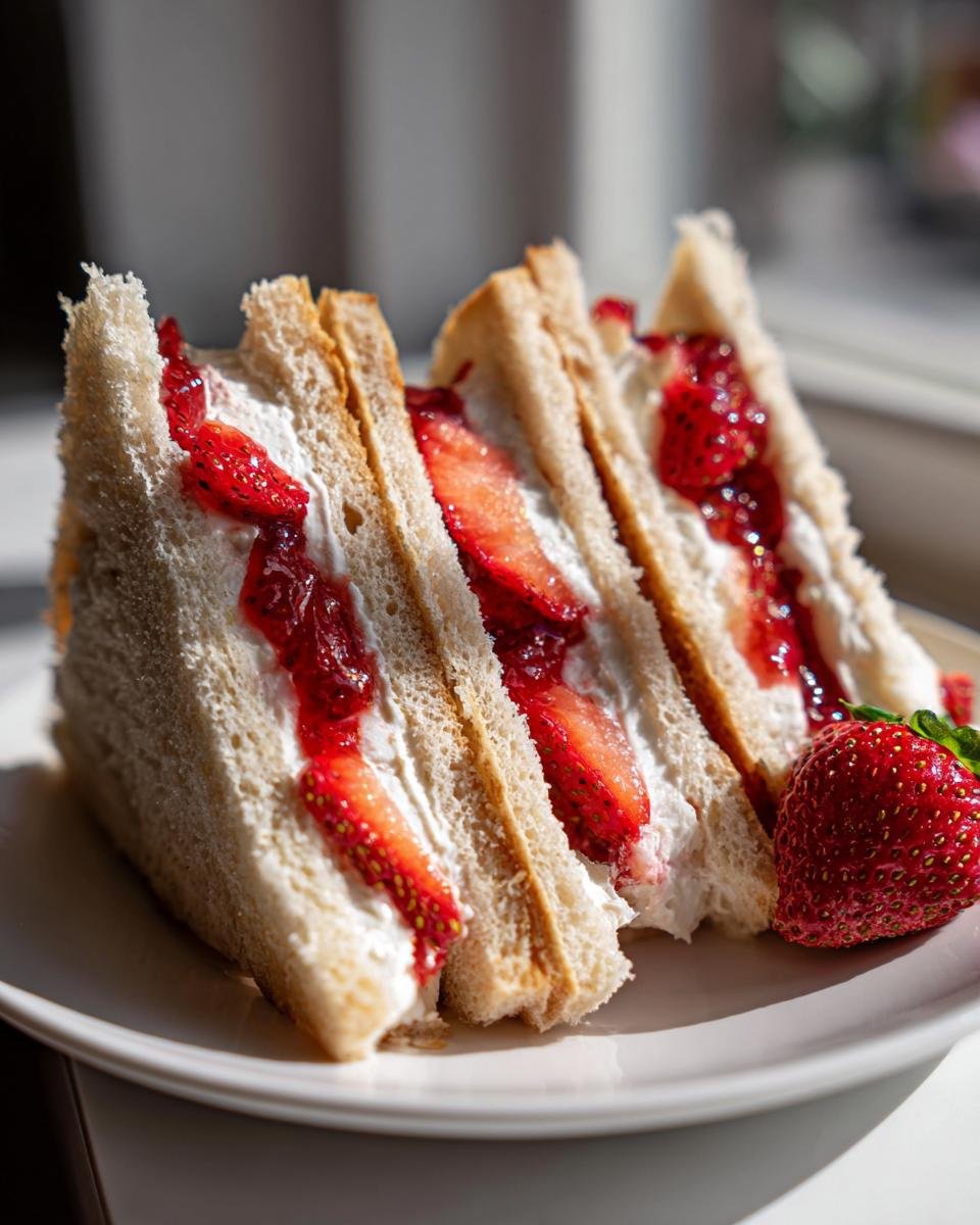 Three halves of Strawberry Jam Cheese Wedges Tea Sandwiches filled with cream and fresh strawberries on a white plate.