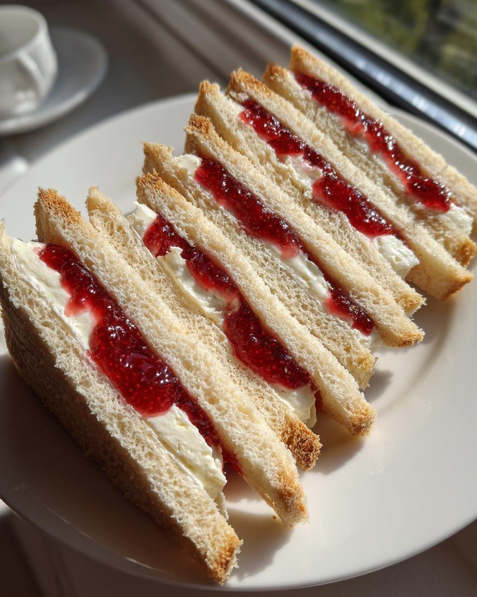 Close-up of several Strawberry Jam Cheese Wedges Tea Sandwiches cut into triangles, showing cream cheese and bright red jam filling.