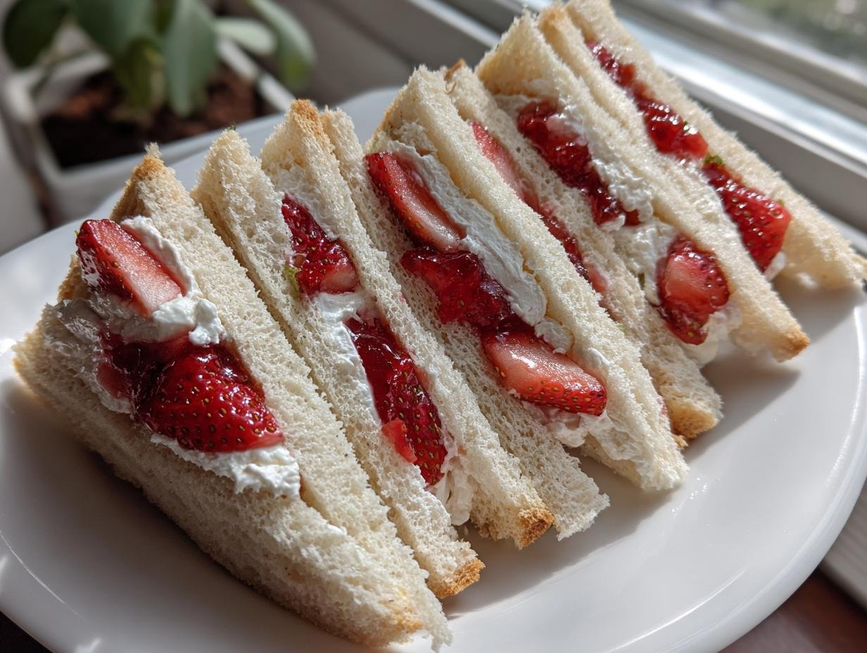 Close-up of several triangular Strawberry Jam Cheese Wedges Tea Sandwiches filled with cream and fresh strawberries.