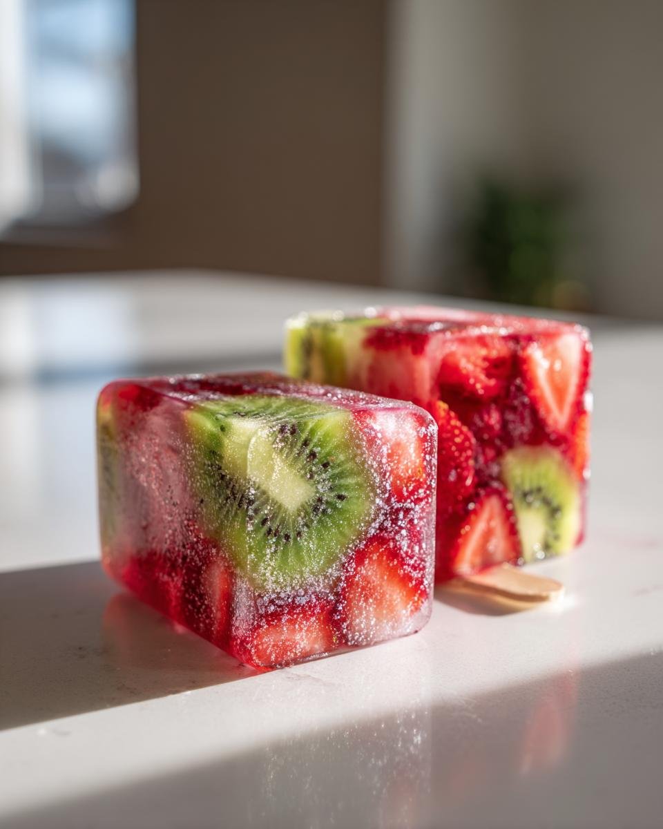 Two frozen Strawberry Kiwi Fruit Popsicles showing visible slices of bright green kiwi and red strawberries embedded in ice.