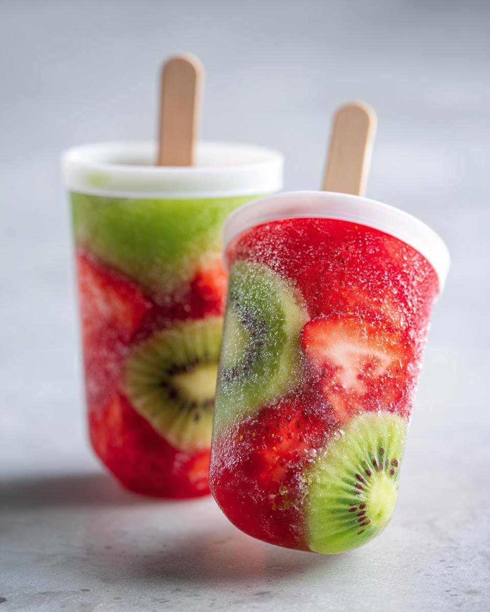 Two frozen Strawberry Kiwi Fruit Popsicles showing layers of red strawberries and green kiwi slices inside clear molds.
