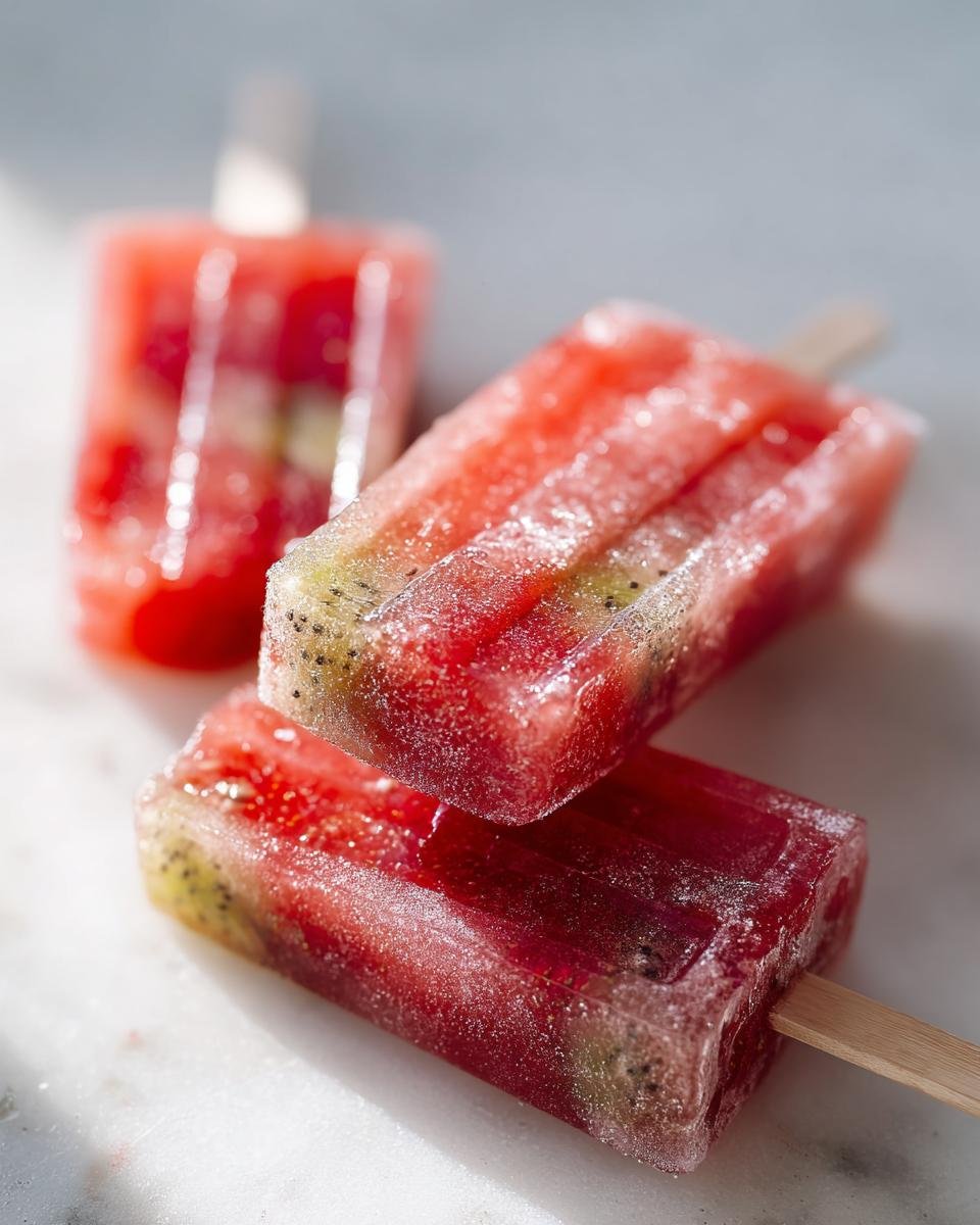 Two glistening, frosty Strawberry Kiwi Fruit Popsicles stacked on a white marble surface, showing visible kiwi seeds.