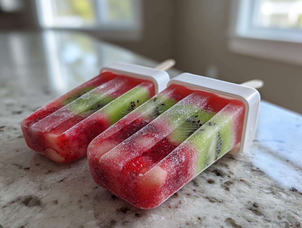 Two homemade Strawberry Kiwi Fruit Popsicles, layered with red strawberry pieces and green kiwi slices, resting on a light countertop.