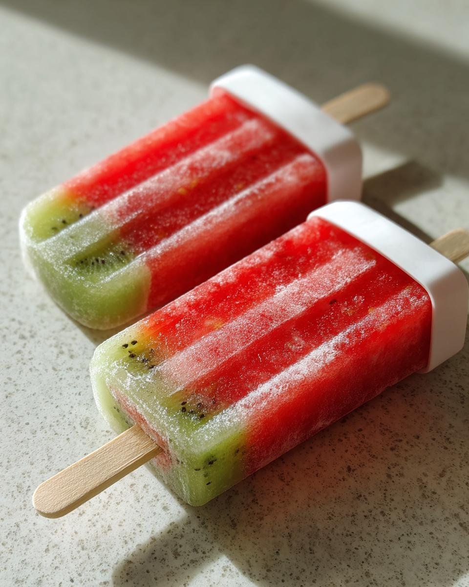 Two layered Strawberry Kiwi Fruit Popsicles showing bright red and green layers with visible kiwi seeds.