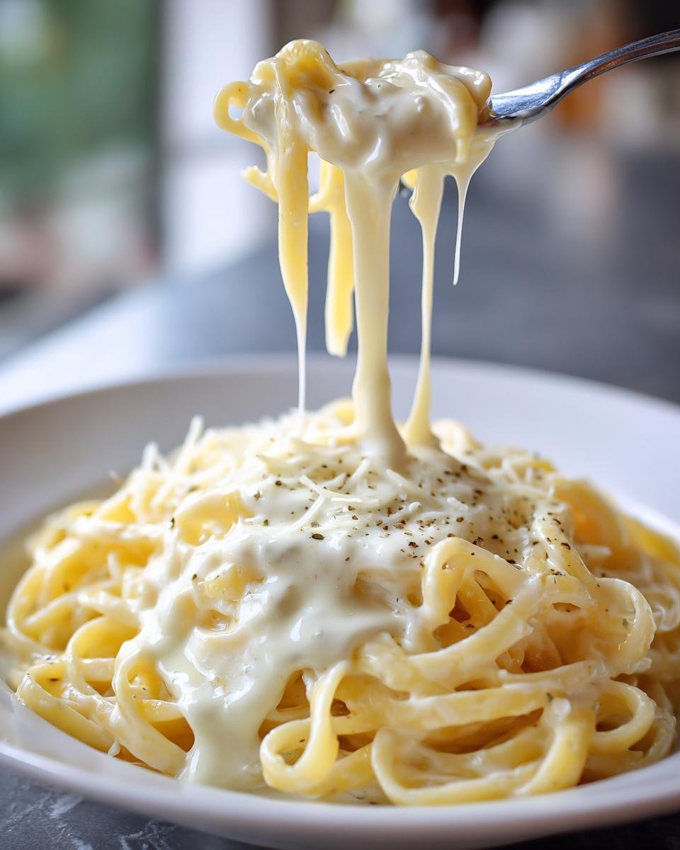 A fork lifts a tangle of spaghetti coated in creamy, cheesy Easy Garlic Parmesan Sauce, showing a dramatic cheese pull.