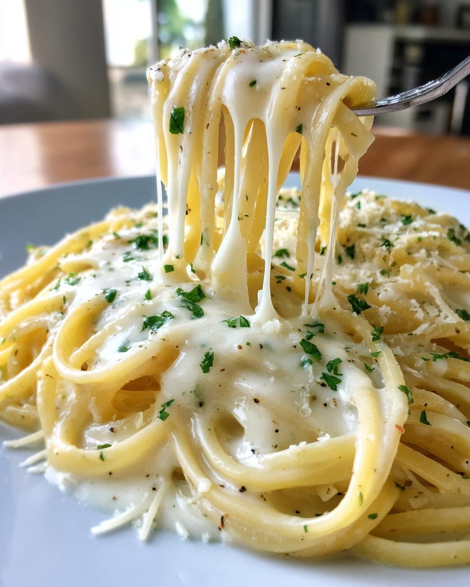 A fork lifts a tangle of spaghetti coated in creamy, cheesy Easy Garlic Parmesan Sauce, showing a dramatic cheese pull.