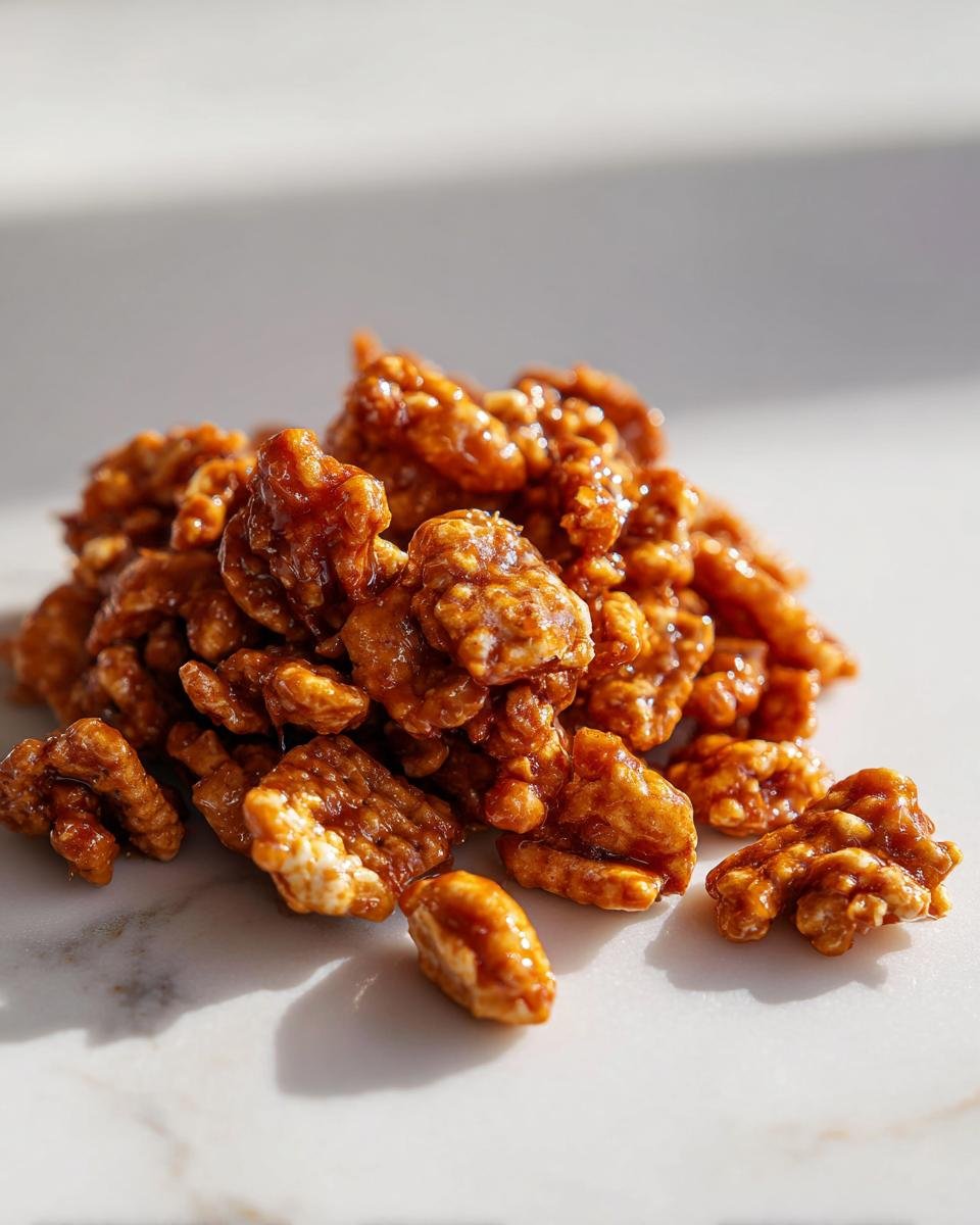 Close-up of crunchy cereal pieces coated in glossy toffee, part of the Irresistible Toffee Chex Mix Recipe.