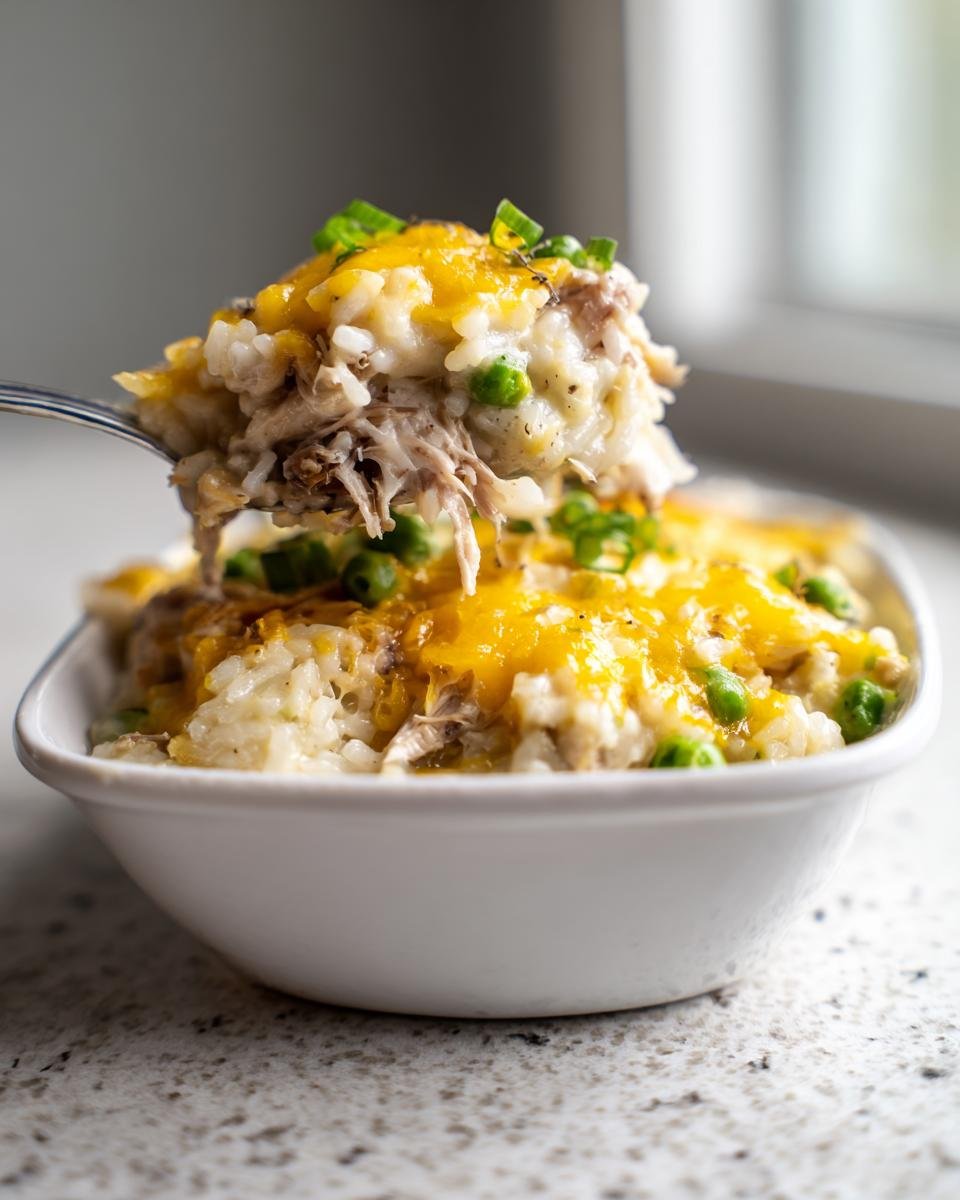A spoonful of creamy Turkey Legs Rice Casserole, topped with melted cheddar cheese and green onions, lifted from a white bowl.