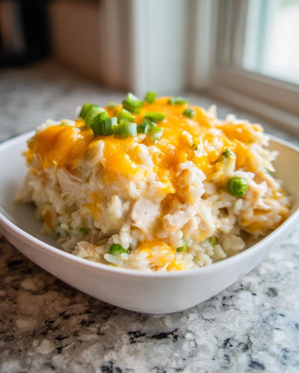 A white bowl filled with creamy Turkey Legs Rice Casserole topped with melted cheddar cheese and green onions.