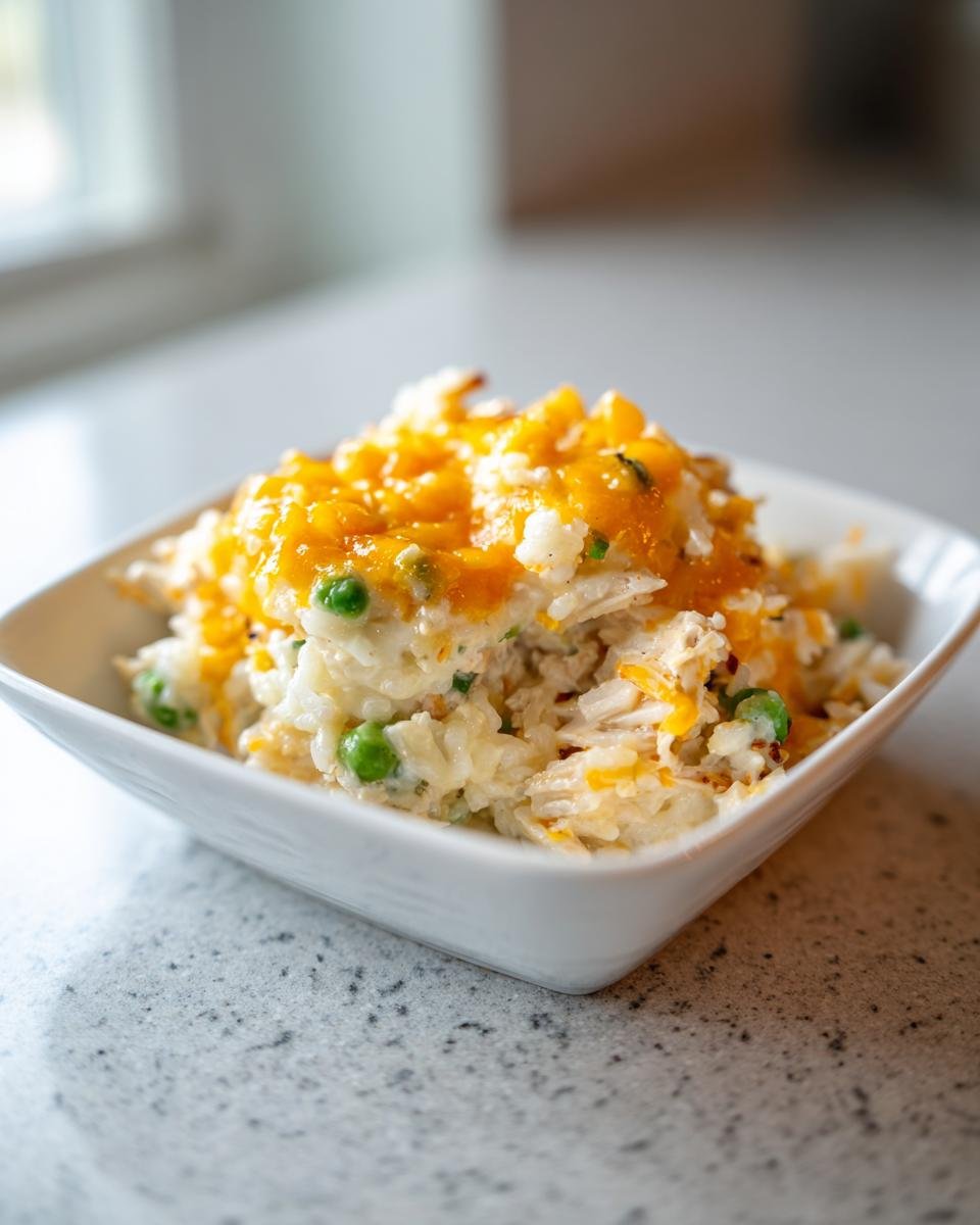 A close-up of a serving of Turkey Legs Rice Casserole topped with melted cheddar cheese and green peas in a white bowl.