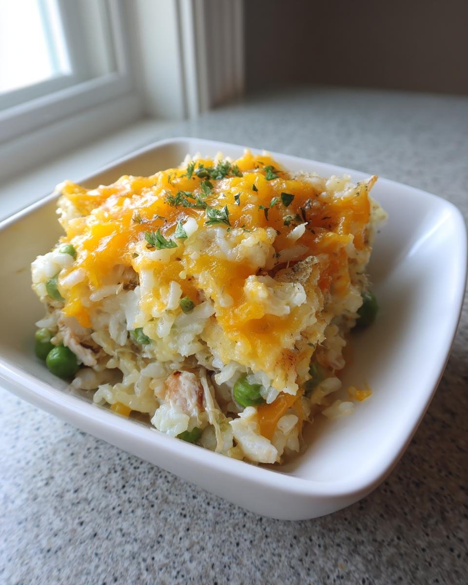 A square serving of Turkey Legs Rice Casserole topped with melted cheddar cheese and parsley in a white bowl.