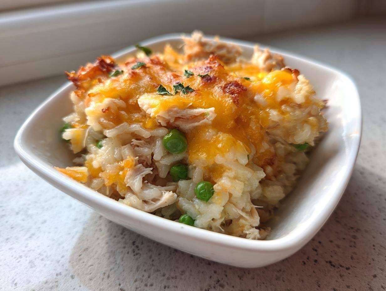 A close-up of a single serving of Turkey Legs Rice Casserole topped with melted, browned cheddar cheese and peas.