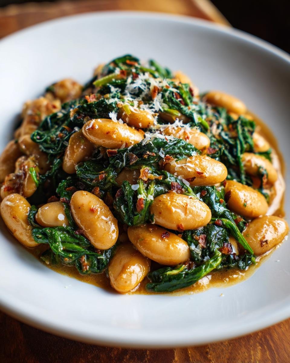 Close-up of Tuscan Marry Me Butter Beans mixed with wilted spinach and topped with grated cheese.