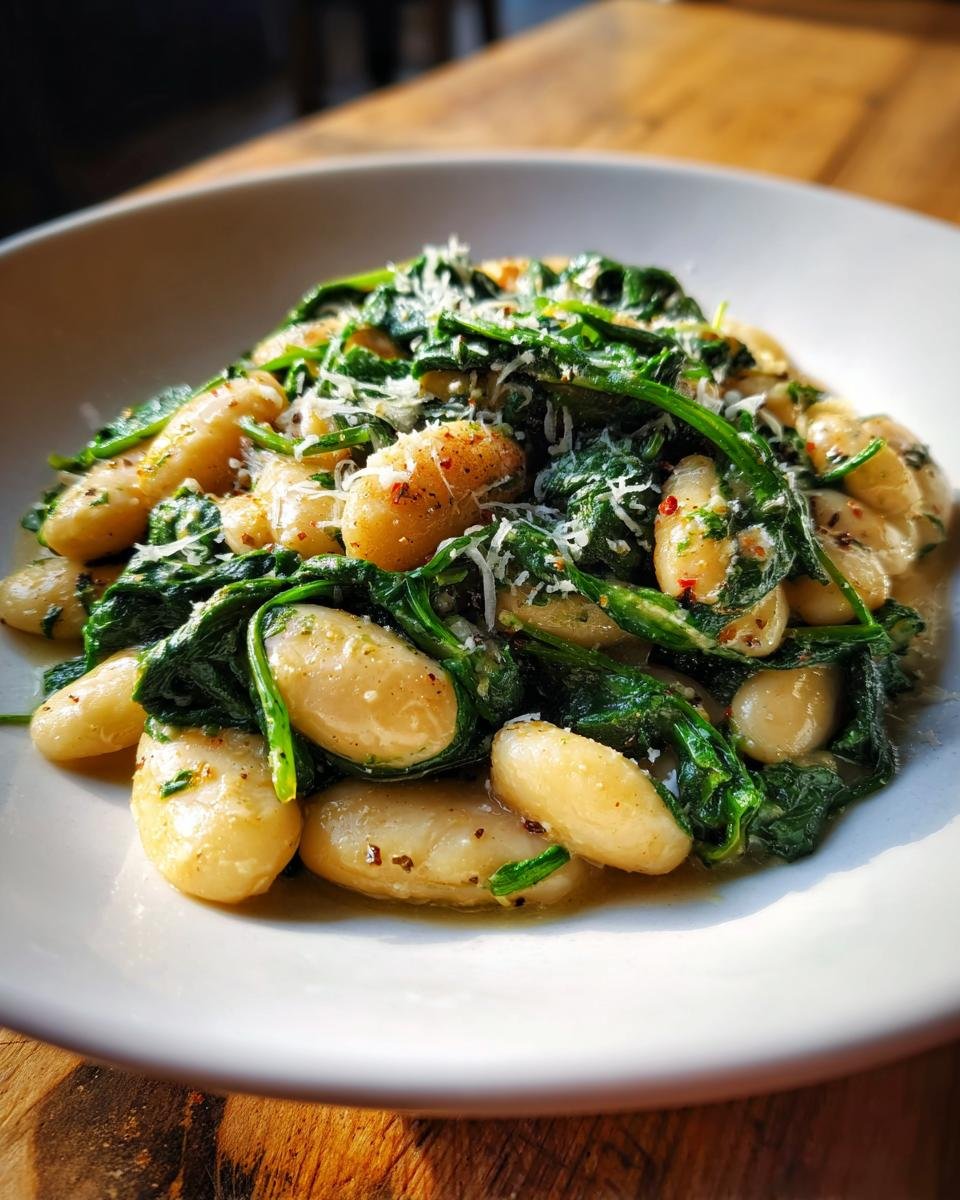 A close-up of Tuscan Marry Me Butter Beans mixed with wilted spinach and topped with grated Parmesan cheese.