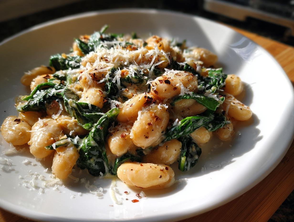 Close-up of creamy Tuscan Marry Me Butter Beans mixed with wilted spinach and topped with grated Parmesan cheese.