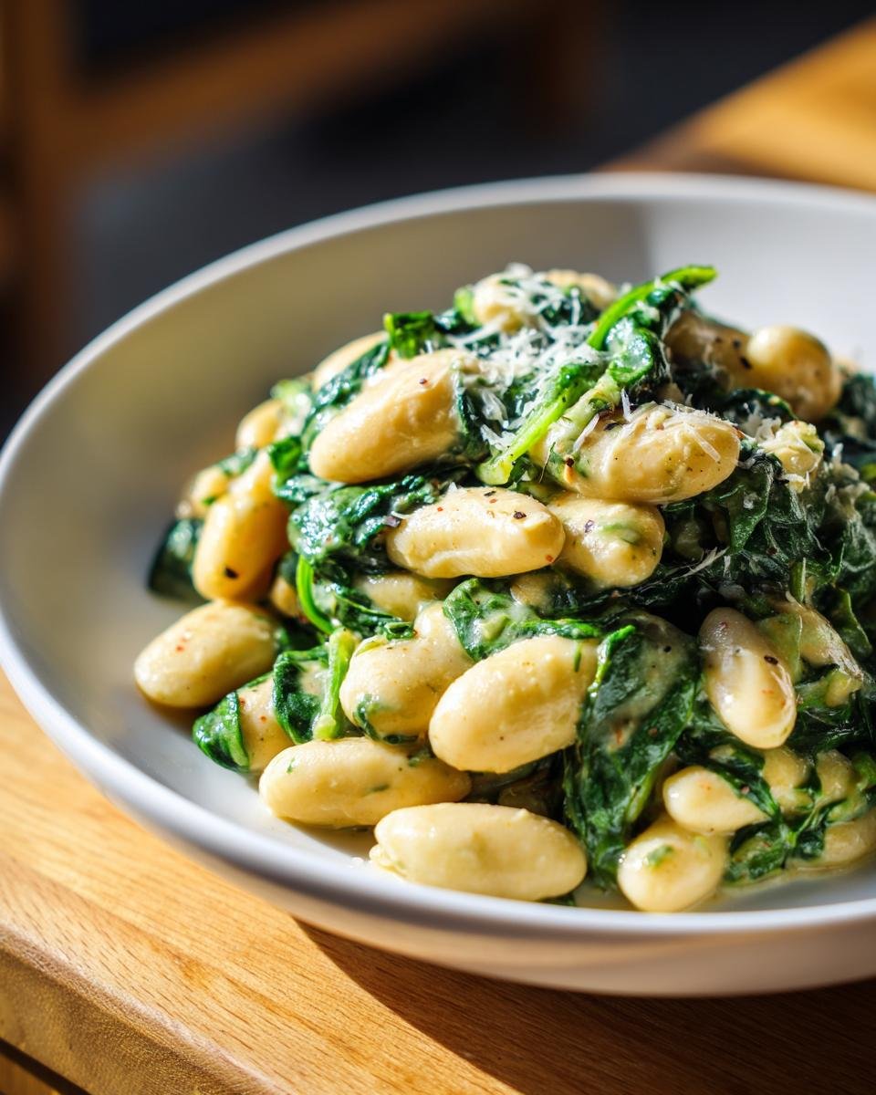 Close-up of Tuscan Marry Me Butter Beans mixed with wilted spinach in a creamy sauce, topped with Parmesan.