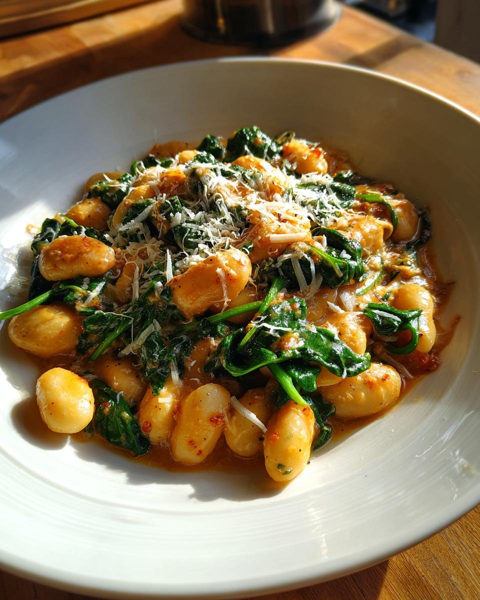 A close-up of Tuscan Marry Me Butter Beans mixed with wilted spinach and topped with grated Parmesan cheese.