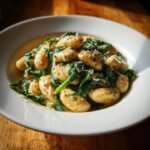 A close-up of Tuscan Marry Me Butter Beans mixed with wilted spinach in a creamy sauce, topped with grated cheese.