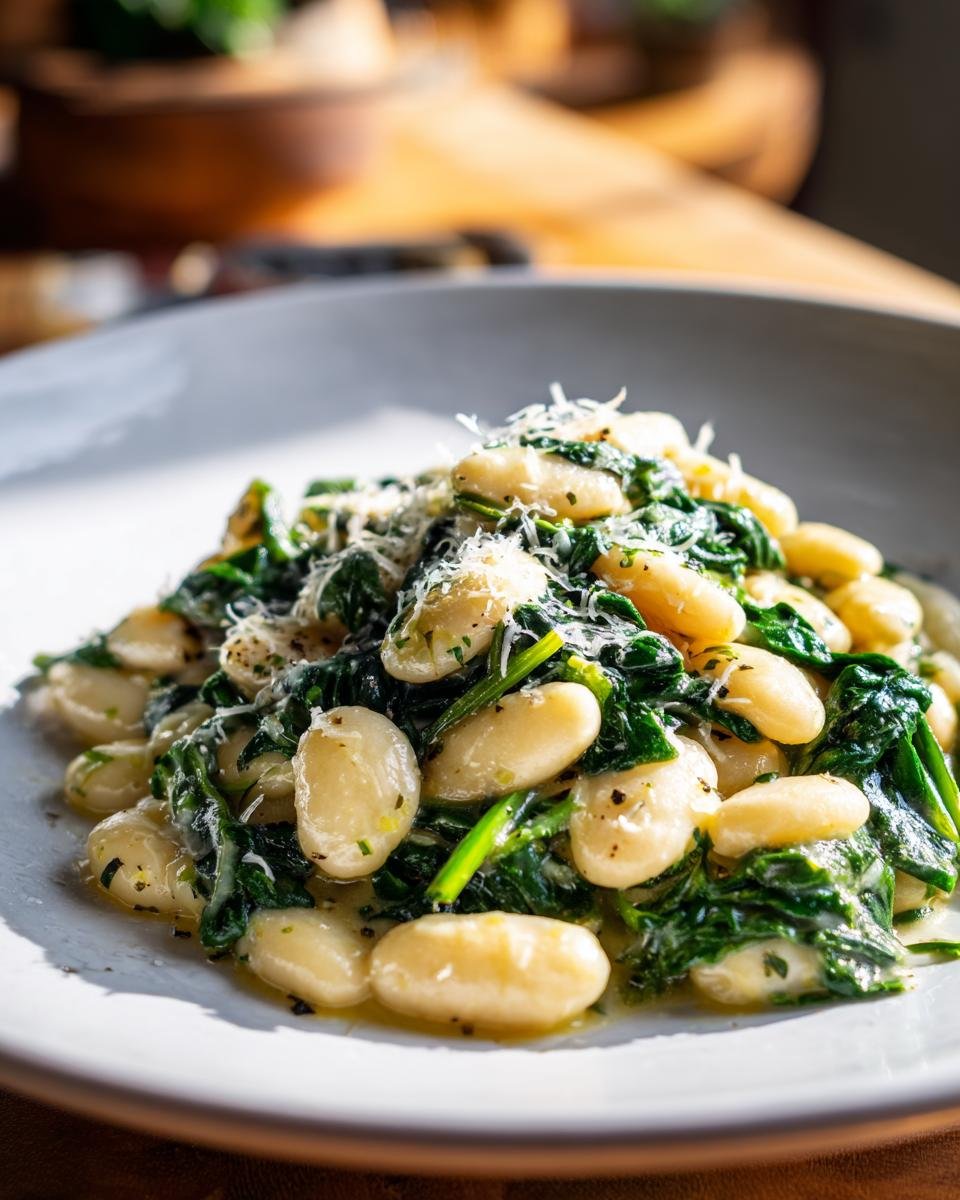 Close-up of Tuscan Marry Me Butter Beans mixed with wilted spinach and topped with grated Parmesan cheese.